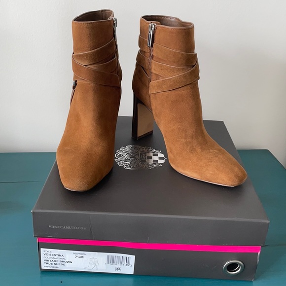 Vince Camuto Shoes - Vince Camuto Sestina Harness Square Toe Bootie - Brown Suede - Size 7.5